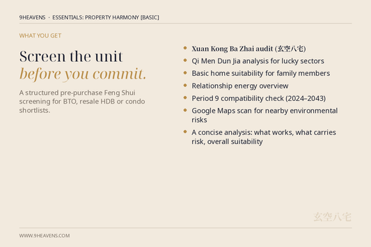 What's included in the 9Heavens Essentials: Property Harmony [Basic] feng shui consultation